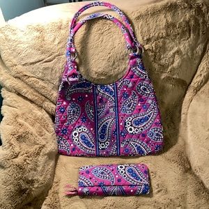 Vera Bradley boysenberry shoulder bag and travel wallet